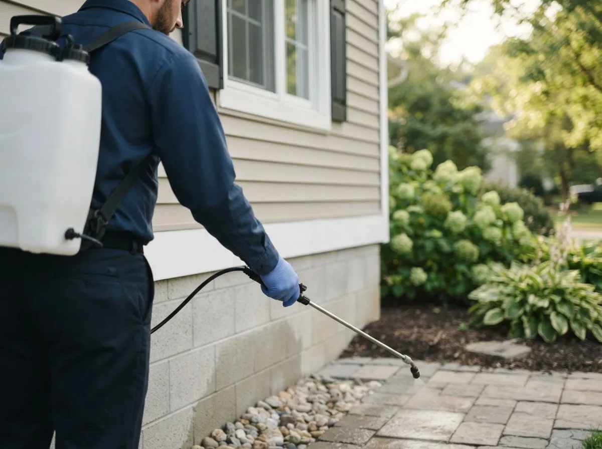Pest control technician inspecting a home in Sumner, NE
